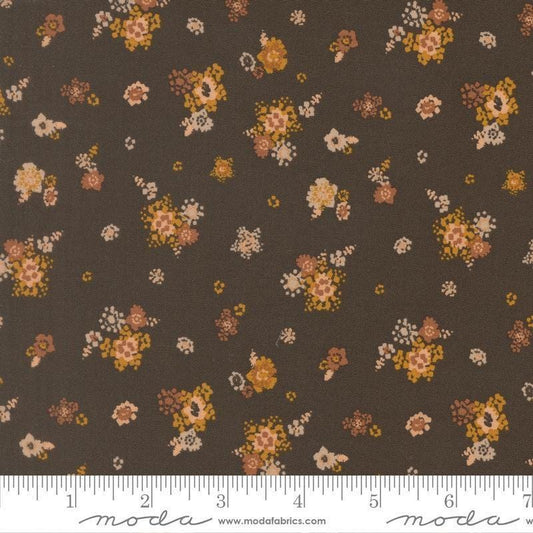 Image of Wellspring Micro Bloom Charcoal quilting cotton fabric by Fancy That Design House for Moda Fabrics. Features flowers on a black background. Cute Little Fabric Shop.
