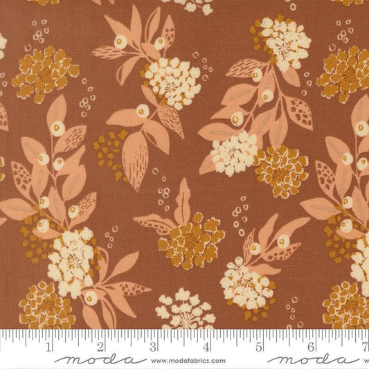 Image of Wellspring Inflorescence Dark Clay quilting cotton fabric by Fancy That Design House for Moda Fabrics. Features flowers on a brown background. Cute Little Fabric Shop.