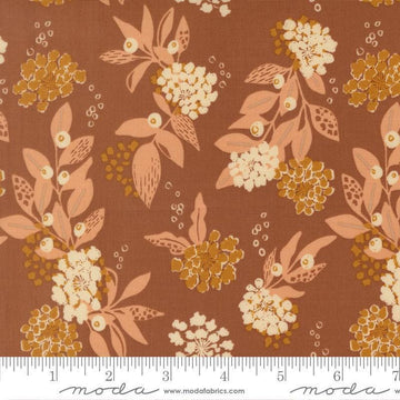 Image of Wellspring Inflorescence Dark Clay quilting cotton fabric by Fancy That Design House for Moda Fabrics. Features flowers on a brown background. Cute Little Fabric Shop.