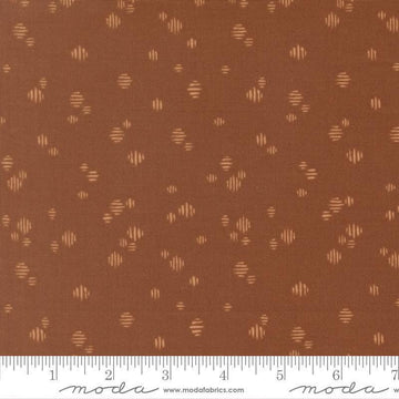 Image of Wellspring Dashed Dark Clay quilting cotton fabric by Fancy That Design House for Moda Fabrics. Features dots on a brown background. Cute Little Fabric Shop.