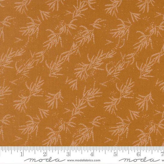Image of Wellspring Branches Caramel quilting cotton fabric by Fancy That Design House for Moda Fabrics. Features leaves on a gold background. Cute Little Fabric Shop.