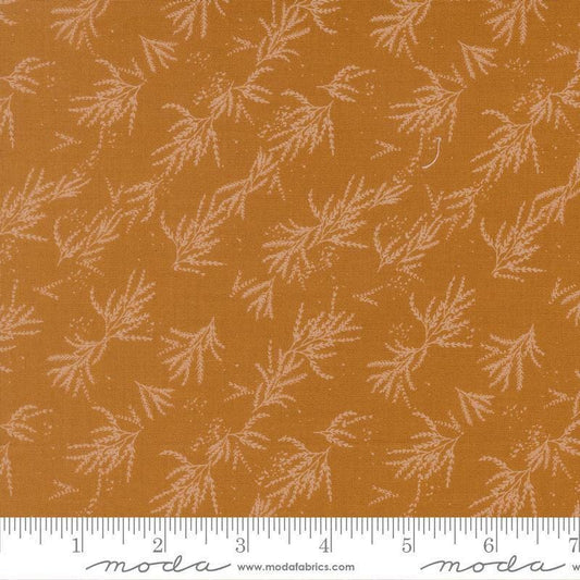 Image of Wellspring Branches Caramel quilting cotton fabric by Fancy That Design House for Moda Fabrics. Features leaves on a gold background. Cute Little Fabric Shop.