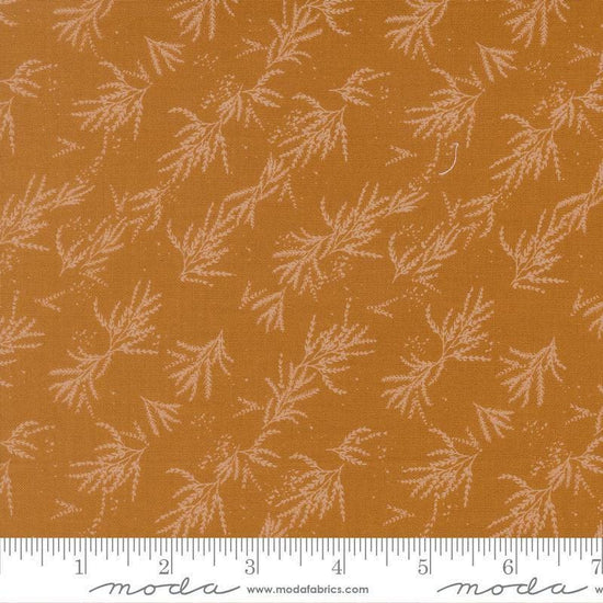 Image of Wellspring Branches Caramel quilting cotton fabric by Fancy That Design House for Moda Fabrics. Features leaves on a gold background. Cute Little Fabric Shop.