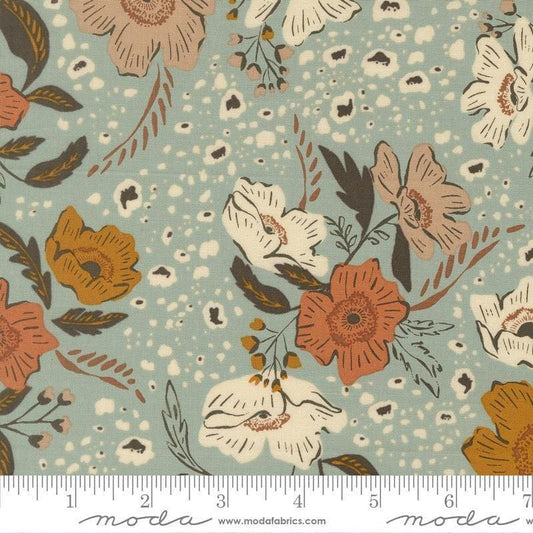Image of Wellspring Flora Storm quilting cotton fabric by Fancy That Design House for Moda Fabrics. Features flowers on a blue background. Cute Little Fabric Shop.