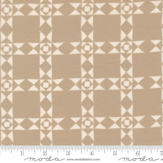 Image of Imprint Relics Stone quilting cotton fabric by Sewn By Amy Schelle for Moda Fabrics. Features a geometric pattern on a brown background. Cute Little Fabric Shop.