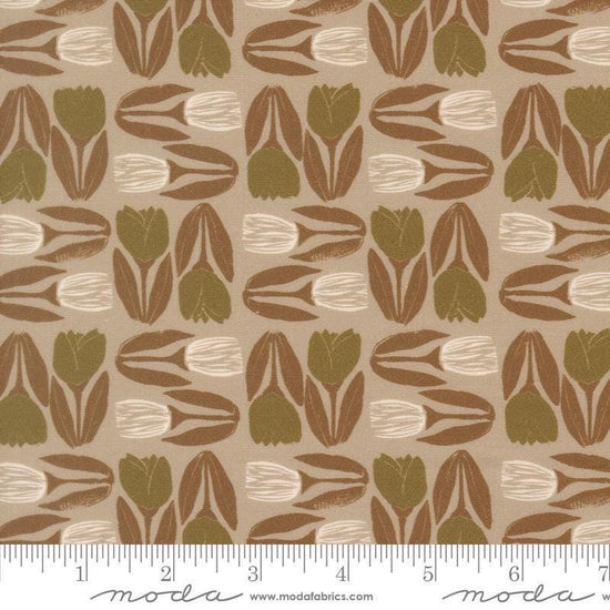 Image of Imprint Flower Market Stone quilting cotton fabric by Sewn By Amy Schelle for Moda Fabrics. Features flowers on a brown background. Cute Little Fabric Shop.
