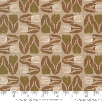 Image of Imprint Flower Market Stone quilting cotton fabric by Sewn By Amy Schelle for Moda Fabrics. Features flowers on a brown background. Cute Little Fabric Shop.