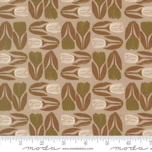 Image of Imprint Flower Market Stone quilting cotton fabric by Sewn By Amy Schelle for Moda Fabrics. Features flowers on a brown background. Cute Little Fabric Shop.