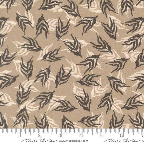 Image of Imprint Dancing Palms Stone quilting cotton fabric by Sewn By Amy Schelle for Moda Fabrics. Features leaves on a brown background. Cute Little Fabric Shop.