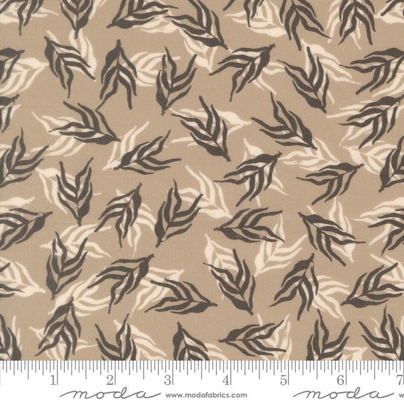 Image of Imprint Dancing Palms Stone quilting cotton fabric by Sewn By Amy Schelle for Moda Fabrics. Features leaves on a brown background. Cute Little Fabric Shop.