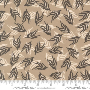 Image of Imprint Dancing Palms Stone quilting cotton fabric by Sewn By Amy Schelle for Moda Fabrics. Features leaves on a brown background. Cute Little Fabric Shop.