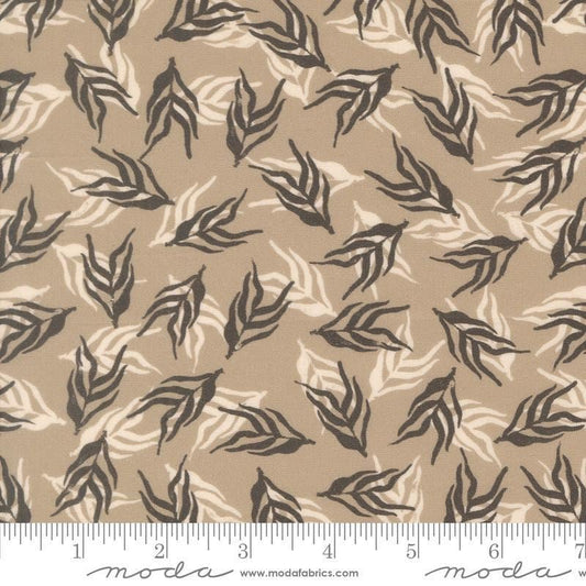 Image of Imprint Dancing Palms Stone quilting cotton fabric by Sewn By Amy Schelle for Moda Fabrics. Features leaves on a brown background. Cute Little Fabric Shop.