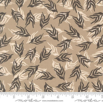 Image of Imprint Dancing Palms Stone quilting cotton fabric by Sewn By Amy Schelle for Moda Fabrics. Features leaves on a brown background. Cute Little Fabric Shop.