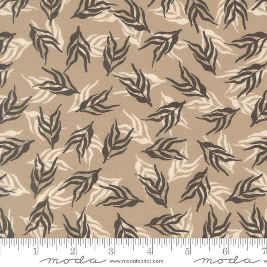 Image of Imprint Dancing Palms Stone quilting cotton fabric by Sewn By Amy Schelle for Moda Fabrics. Features leaves on a brown background. Cute Little Fabric Shop.