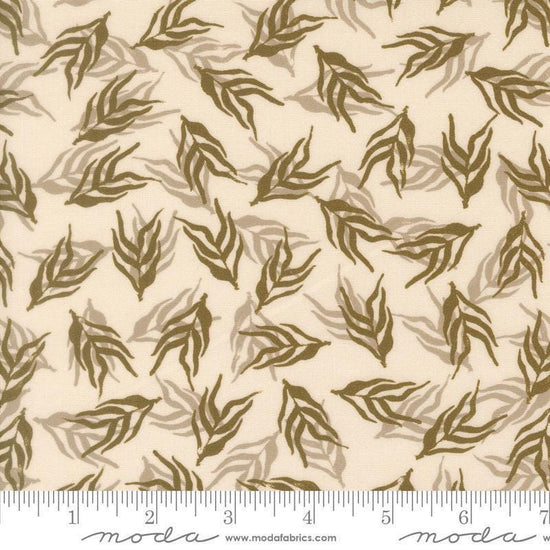 Image of Imprint Dancing Palms Ivory quilting cotton fabric by Sewn By Amy Schelle for Moda Fabrics. Features leaves on a cream background. Cute Little Fabric Shop.