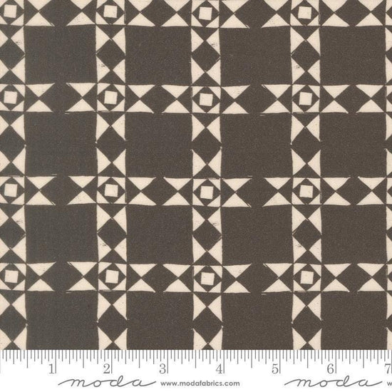 Image of Imprint Relics Iron quilting cotton fabric by Sewn By Amy Schelle for Moda Fabrics. Features a geometric pattern on a brown background. Cute Little Fabric Shop.