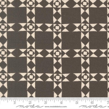 Image of Imprint Relics Iron quilting cotton fabric by Sewn By Amy Schelle for Moda Fabrics. Features a geometric pattern on a brown background. Cute Little Fabric Shop.