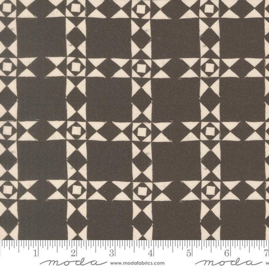 Image of Imprint Relics Iron quilting cotton fabric by Sewn By Amy Schelle for Moda Fabrics. Features a geometric pattern on a brown background. Cute Little Fabric Shop.