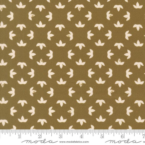Image of Imprint Floral Bronze quilting cotton fabric by Sewn By Amy Schelle for Moda Fabrics. Features a geometric pattern on a brown background. Cute Little Fabric Shop.