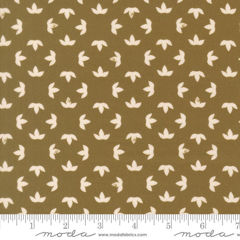 Image of Imprint Floral Bronze quilting cotton fabric by Sewn By Amy Schelle for Moda Fabrics. Features a geometric pattern on a brown background. Cute Little Fabric Shop.