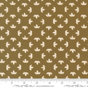 Image of Imprint Floral Bronze quilting cotton fabric by Sewn By Amy Schelle for Moda Fabrics. Features a geometric pattern on a brown background. Cute Little Fabric Shop.