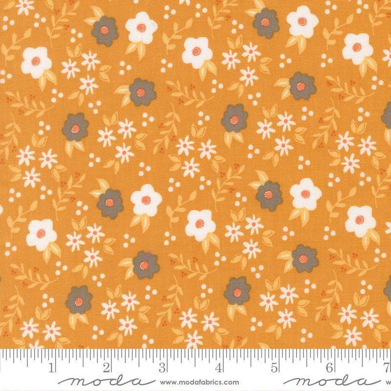 Image of Birch and Willow Mums Florals Golden quilting cotton fabric by Sherri & Chelsi for Moda Fabrics. Features flowers on a gold background. Cute Little Fabric Shop.