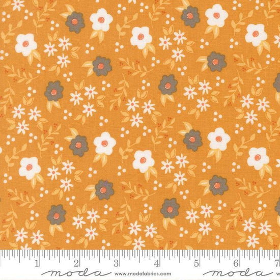 Image of Birch and Willow Mums Florals Golden quilting cotton fabric by Sherri & Chelsi for Moda Fabrics. Features flowers on a gold background. Cute Little Fabric Shop.