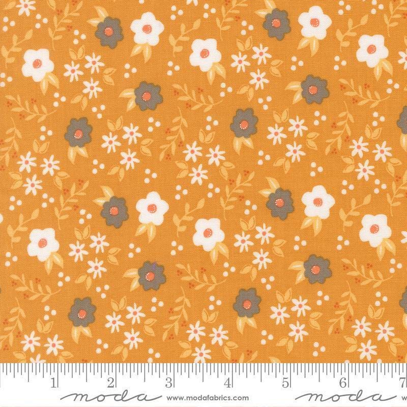 Image of Birch and Willow Mums Florals Golden quilting cotton fabric by Sherri & Chelsi for Moda Fabrics. Features flowers on a gold background. Cute Little Fabric Shop.
