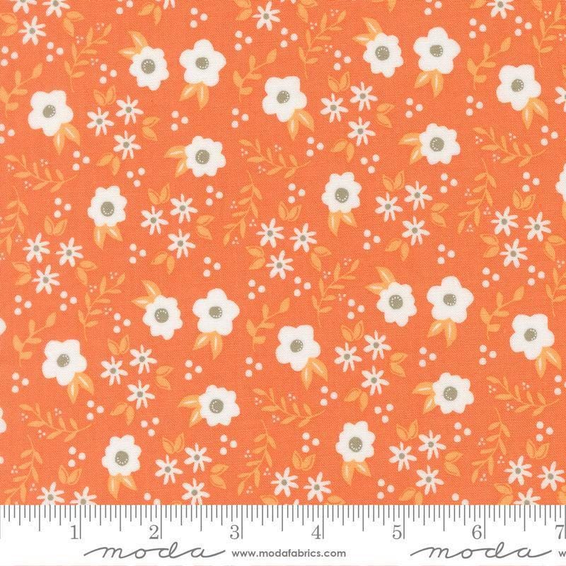 Image of Birch and Willow Mums Florals Pumpkin quilting cotton fabric by Sherri & Chelsi for Moda Fabrics. Features flowers on an orange background. Cute Little Fabric Shop.