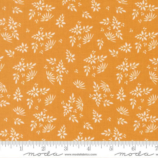 Image of Birch and Willow Flora Golden quilting cotton fabric by Sherri & Chelsi for Moda Fabrics. Features leaves on a gold background. Cute Little Fabric Shop.