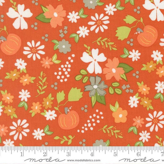 Image of Birch and Willow Pumpkin Patch Spice quilting cotton fabric by Sherri & Chelsi for Moda Fabrics. Features flowers on an orange background. Cute Little Fabric Shop.