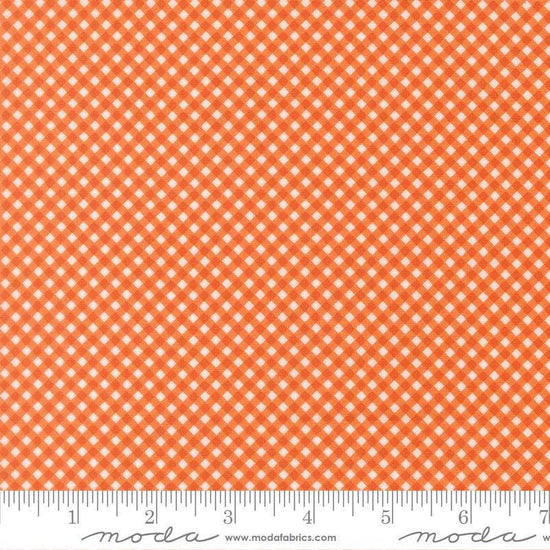Image of Birch and Willow Gingham Pumpkin quilting cotton fabric by Sherri & Chelsi for Moda Fabrics. Features gingham on an orange background. Cute Little Fabric Shop.