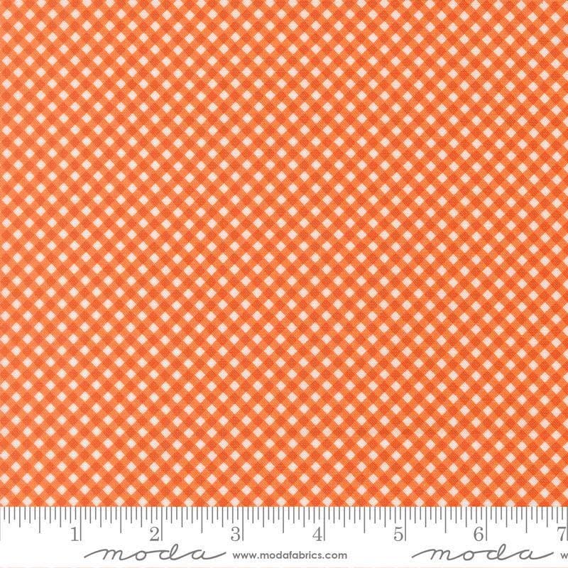 Image of Birch and Willow Gingham Pumpkin quilting cotton fabric by Sherri & Chelsi for Moda Fabrics. Features gingham on an orange background. Cute Little Fabric Shop.