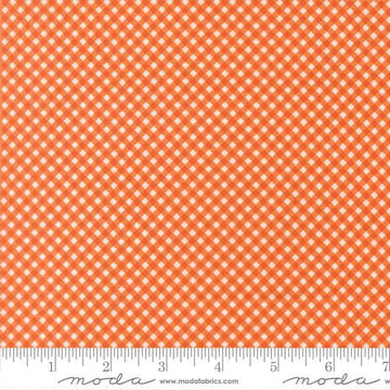 Image of Birch and Willow Gingham Pumpkin quilting cotton fabric by Sherri & Chelsi for Moda Fabrics. Features gingham on an orange background. Cute Little Fabric Shop.