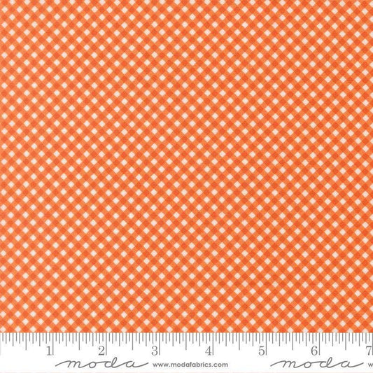Image of Birch and Willow Gingham Pumpkin quilting cotton fabric by Sherri & Chelsi for Moda Fabrics. Features gingham on an orange background. Cute Little Fabric Shop.