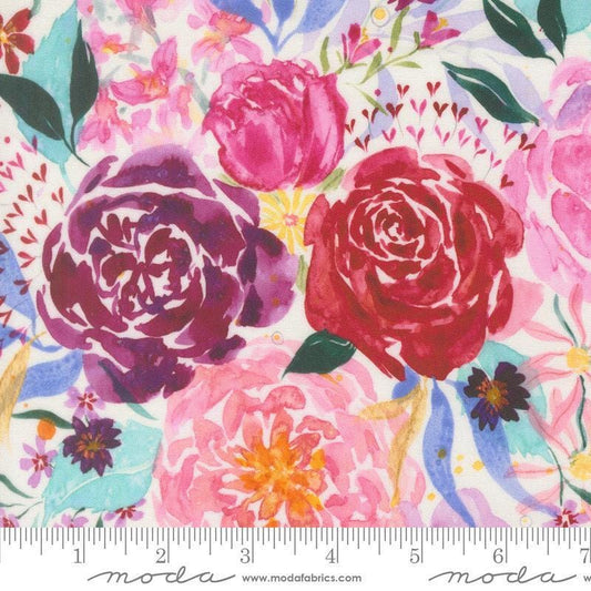 Image of Fleur The Love Amour Cloud quilting cotton fabric by Create Joy Project for Moda Fabrics. Features flowers on a white background. Cute Little Fabric Shop.