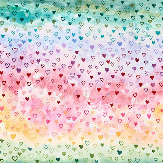 Image of Fleur The Love Some Kinda Love Rainbow quilting cotton fabric by Create Joy Project for Moda Fabrics. Features hearts on a rainbow background. Cute Little Fabric Shop.