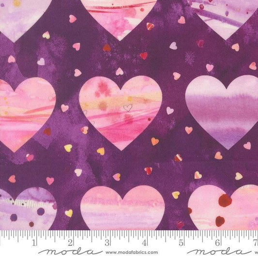 Image of Fleur The Love Lovestruck Plum quilting cotton fabric by Create Joy Project for Moda Fabrics. Features hearts on a purple background. Cute Little Fabric Shop.
