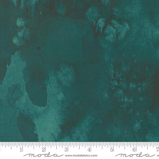 Image of Fleur The Love Flow Dark Teal quilting cotton fabric by Create Joy Project for Moda Fabrics. Features printed watercolor texture on a blue green background. Cute Little Fabric Shop.