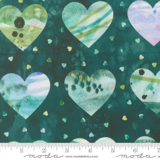 Image of Fleur The Love Lovestruck Dark Teal quilting cotton fabric by Create Joy Project for Moda Fabrics. Features hearts on a blue green background. Cute Little Fabric Shop.