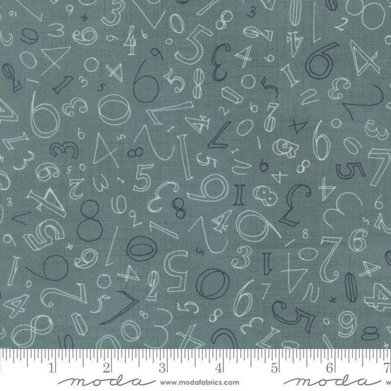Image of Data Numerals Turing quilting cotton fabric by Janet Clare for Moda Fabrics. Features numbers on a blue background. Cute Little Fabric Shop.