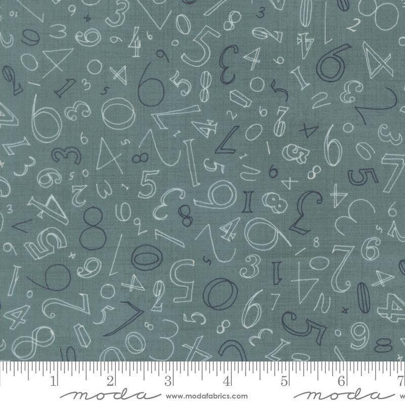 Image of Data Numerals Turing quilting cotton fabric by Janet Clare for Moda Fabrics. Features numbers on a blue background. Cute Little Fabric Shop.
