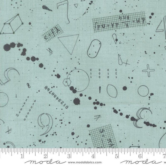 Image of Data Black Holes Babbage quilting cotton fabric by Janet Clare for Moda Fabrics. Features numbers and shapes on a blue background. Cute Little Fabric Shop.