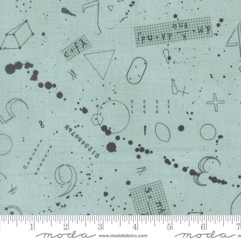 Image of Data Black Holes Babbage quilting cotton fabric by Janet Clare for Moda Fabrics. Features numbers and shapes on a blue background. Cute Little Fabric Shop.