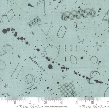 Image of Data Black Holes Babbage quilting cotton fabric by Janet Clare for Moda Fabrics. Features numbers and shapes on a blue background. Cute Little Fabric Shop.