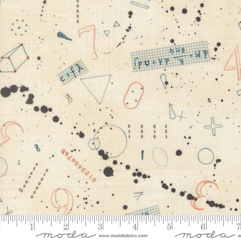 Image of Data Black Holes Lovelace quilting cotton fabric by Janet Clare for Moda Fabrics. Features numbers and shapes on a cream background. Cute Little Fabric Shop.
