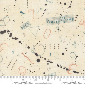 Image of Data Black Holes Lovelace quilting cotton fabric by Janet Clare for Moda Fabrics. Features numbers and shapes on a cream background. Cute Little Fabric Shop.