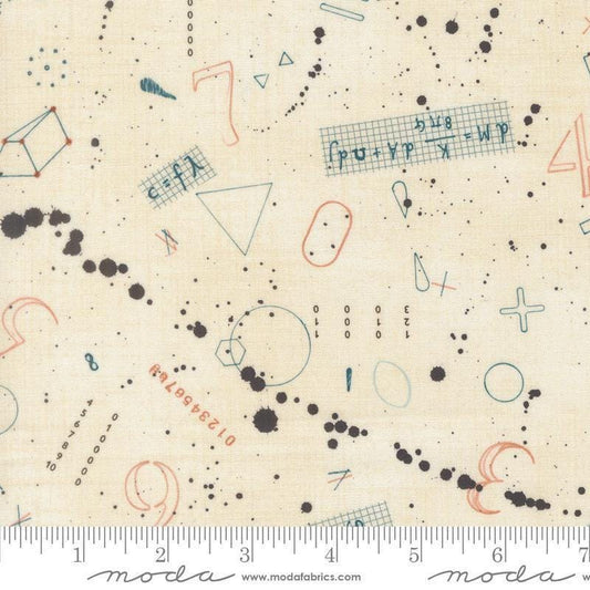 Image of Data Black Holes Lovelace quilting cotton fabric by Janet Clare for Moda Fabrics. Features numbers and shapes on a cream background. Cute Little Fabric Shop.