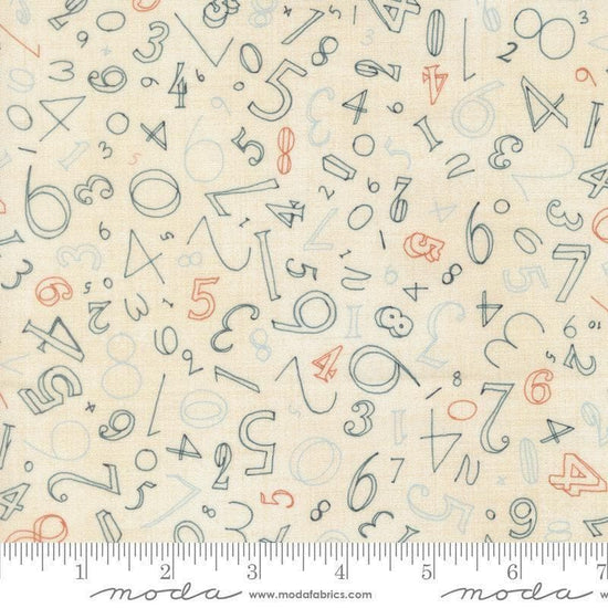 Image of Data Numerals Lovelace quilting cotton fabric by Janet Clare for Moda Fabrics. Features numbers on a cream background. Cute Little Fabric Shop.