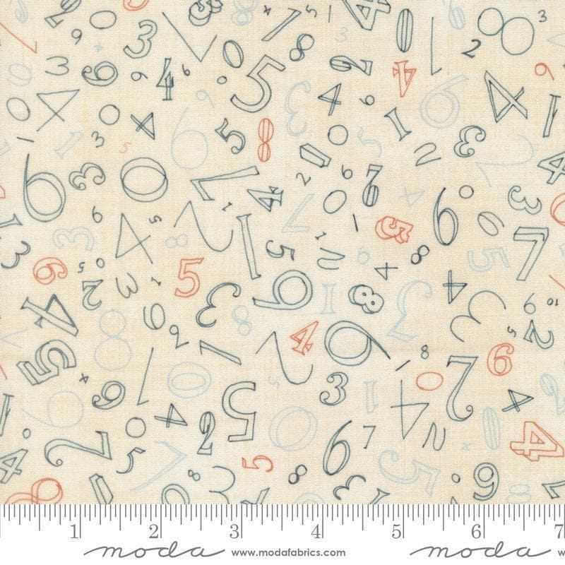 Image of Data Numerals Lovelace quilting cotton fabric by Janet Clare for Moda Fabrics. Features numbers on a cream background. Cute Little Fabric Shop.